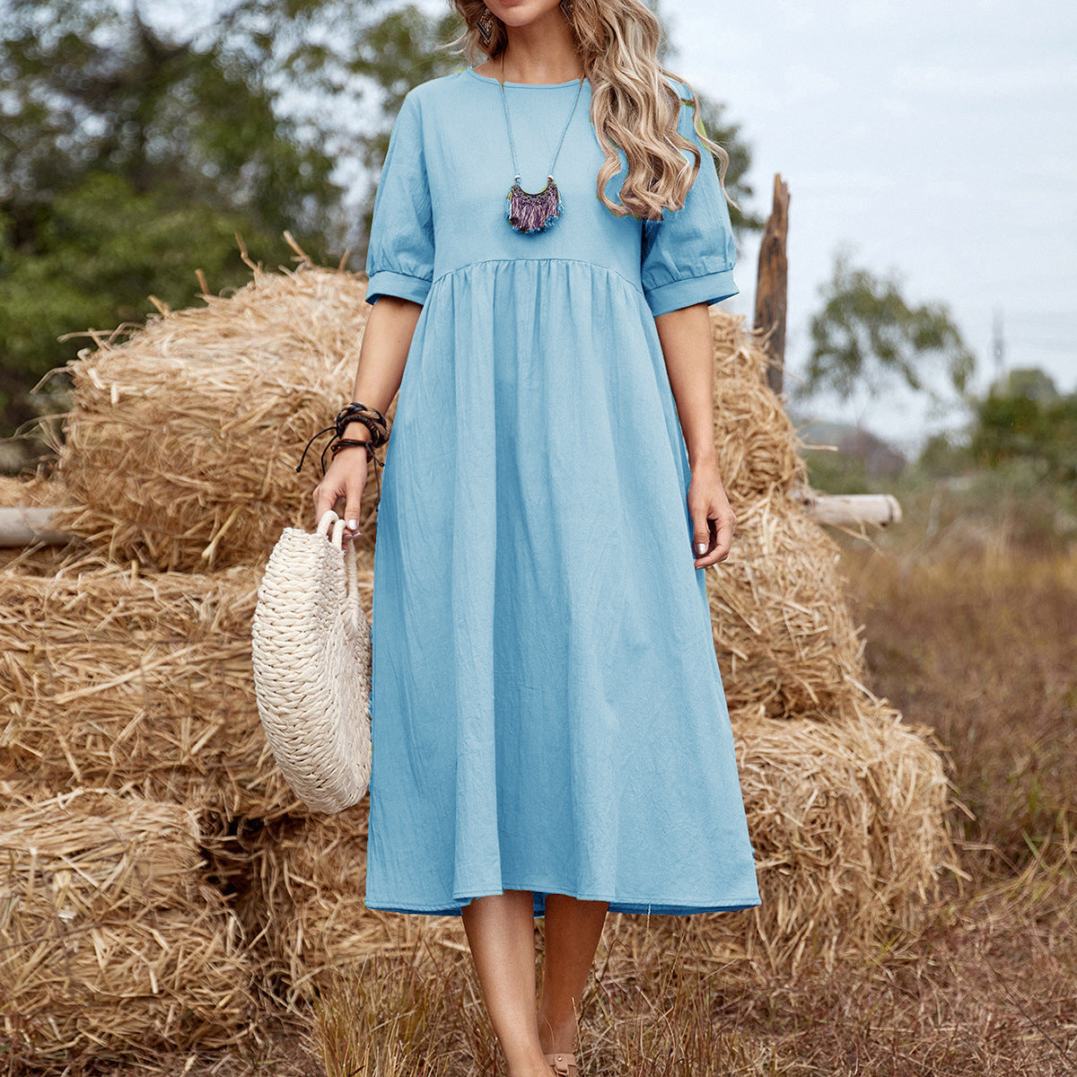 Robe midi en coton échelonné pour femmes Freizeit Chic und Stil