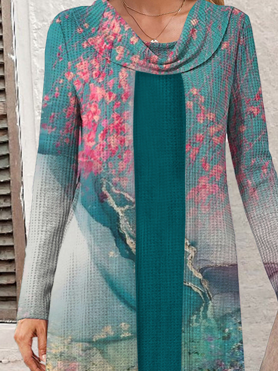 Robe longue à manches longues pour femmes avec un motif floral artistique Chic und Stil