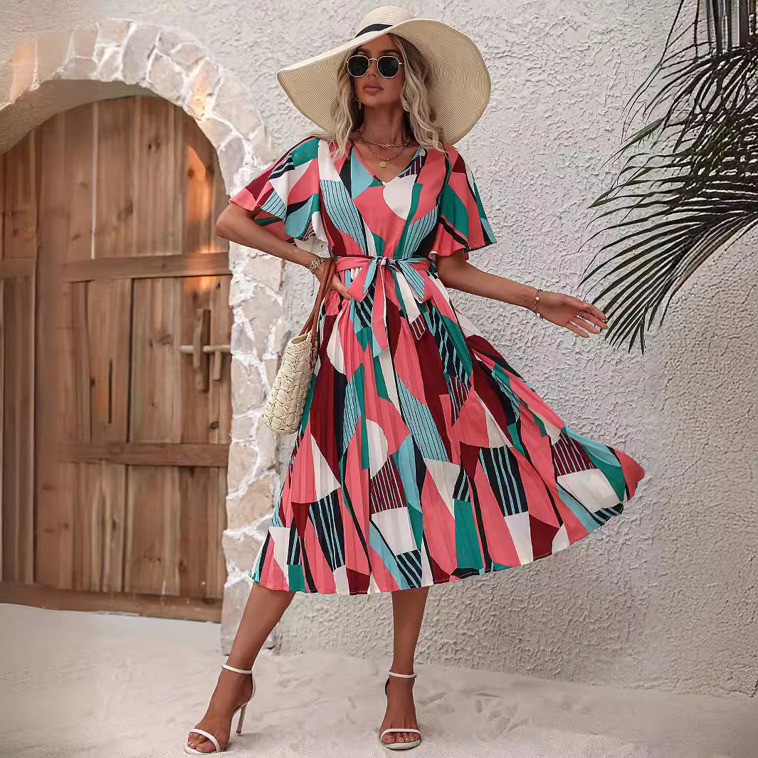 Robe midi pour femme avec motif graphique et ceinture élastique à la taille Chic und Stil