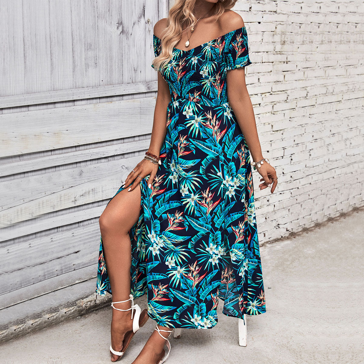 Robe Maxi Fleur Off-Shoulder Femmes avec Détail de Fente Haute Chic und Stil