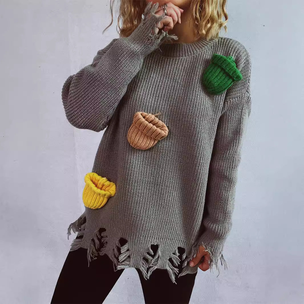 Pull over-sized décontracté pour femmes avec des détails frangés et des appliques colorées Chic und Stil