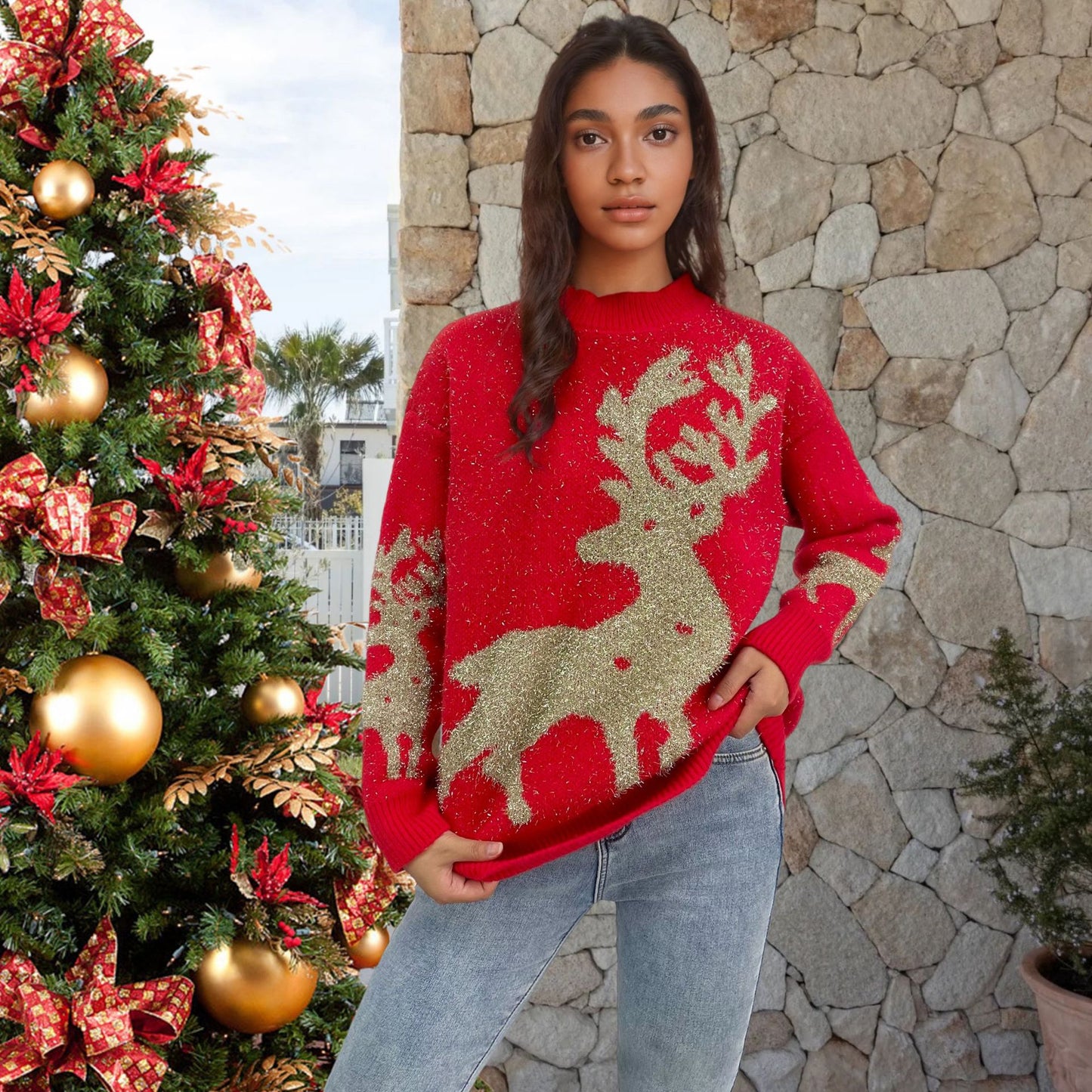Pull de Noël pour femmes avec design pailleté et motif de renne Chic und Stil