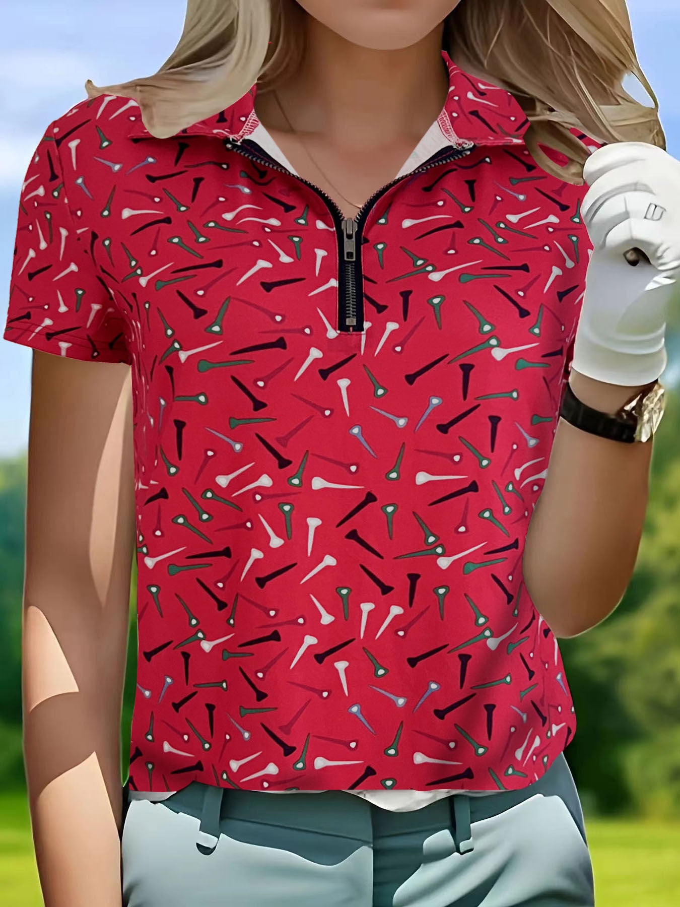 Polo de golf pour femmes avec fermeture éclair moderne et design animé Chic und Stil