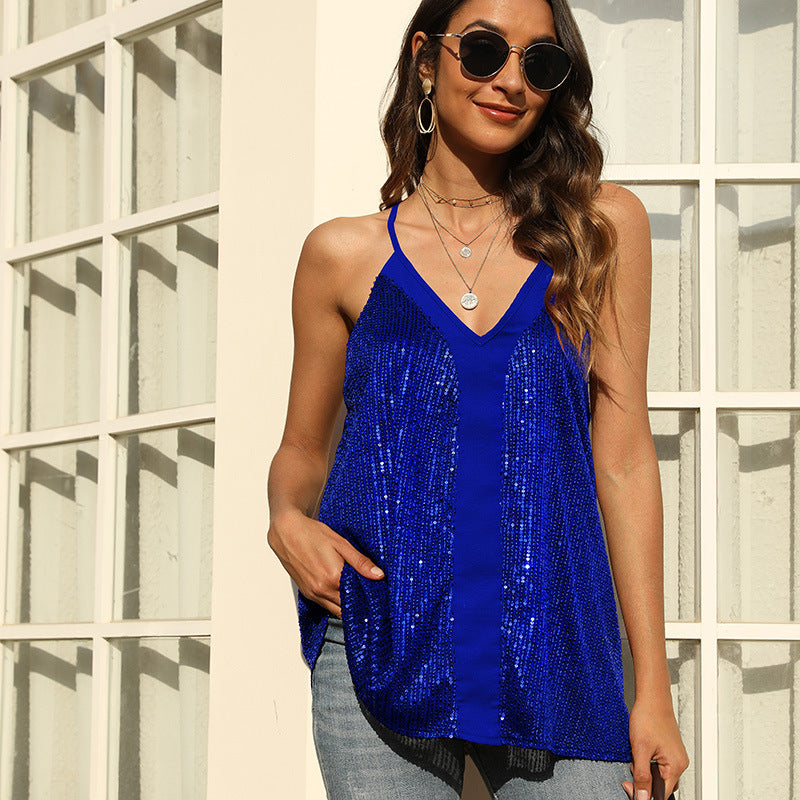 Blouse à paillettes scintillantes pour femmes avec décolleté en V Chic und Stil