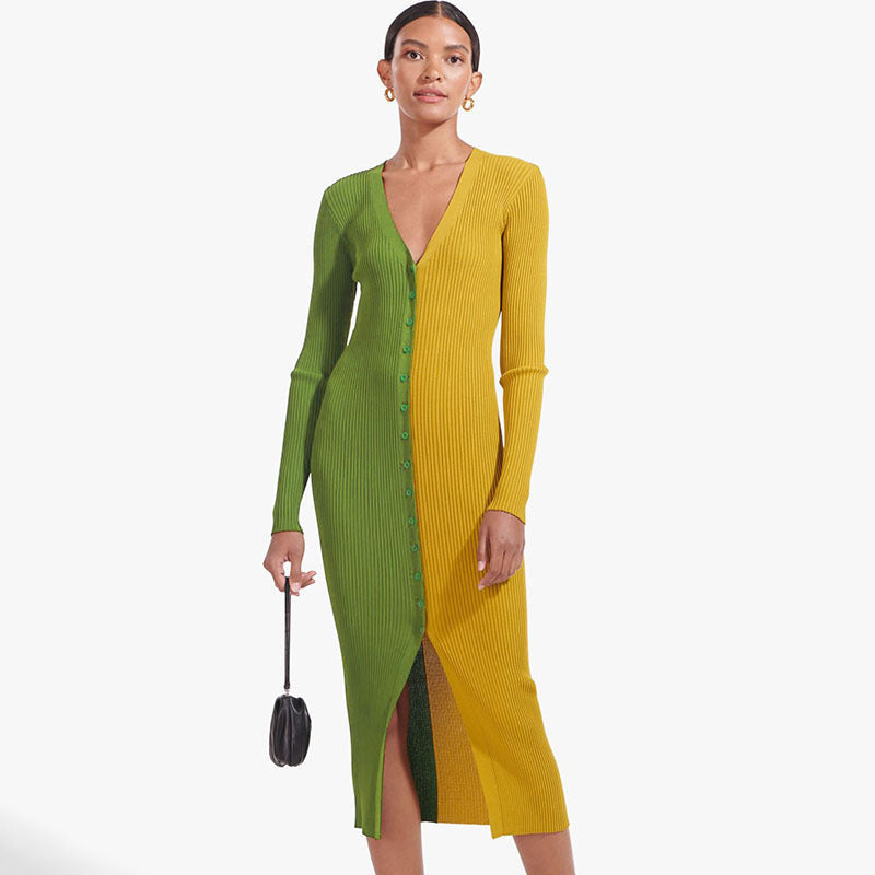 Robes maxi avec design de bouton pour femmes avec décolleté en V profond et texture côtelée Chic und Stil