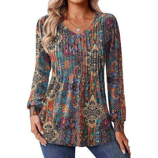 Blouse à manches longues pour femmes avec décolleté en V et dégradé de couleurs artistique Chic und Stil