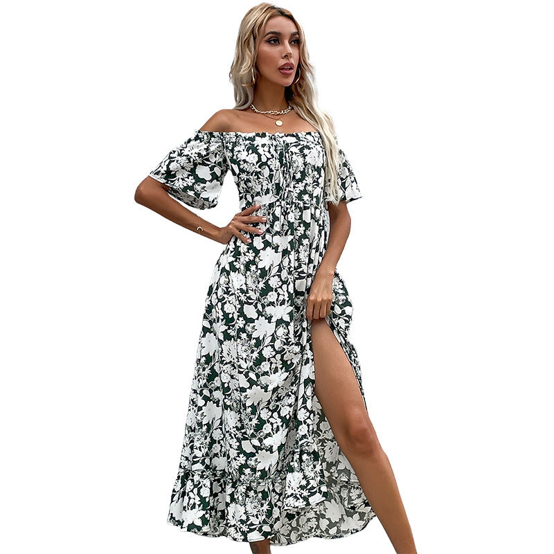 Robe maxi florale pour femmes à épaules dénudées avec fente latérale Chic und Stil