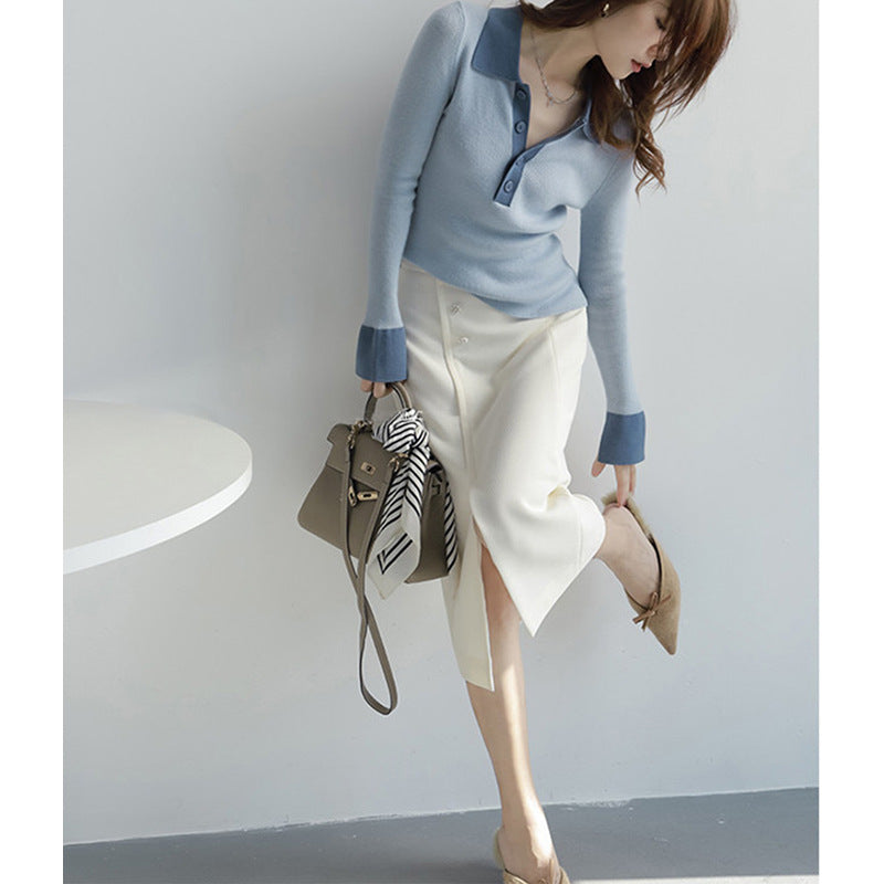 Haut en tricot polo à manches longues luxueux pour femmes Chic und Stil