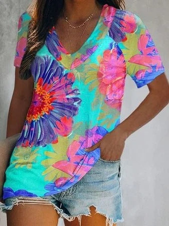 T-shirt femme à col en V avec motif marbré pailleté Chic und Stil