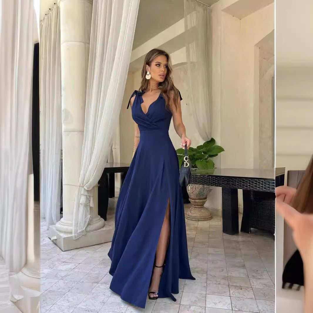 Robe maxi élégante pour femmes avec fente latérale et liens à nouer Chic und Stil