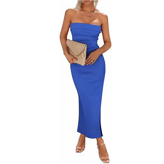 Robe maxi ajustée pour femmes avec design sans bretelles et fente haute Chic und Stil
