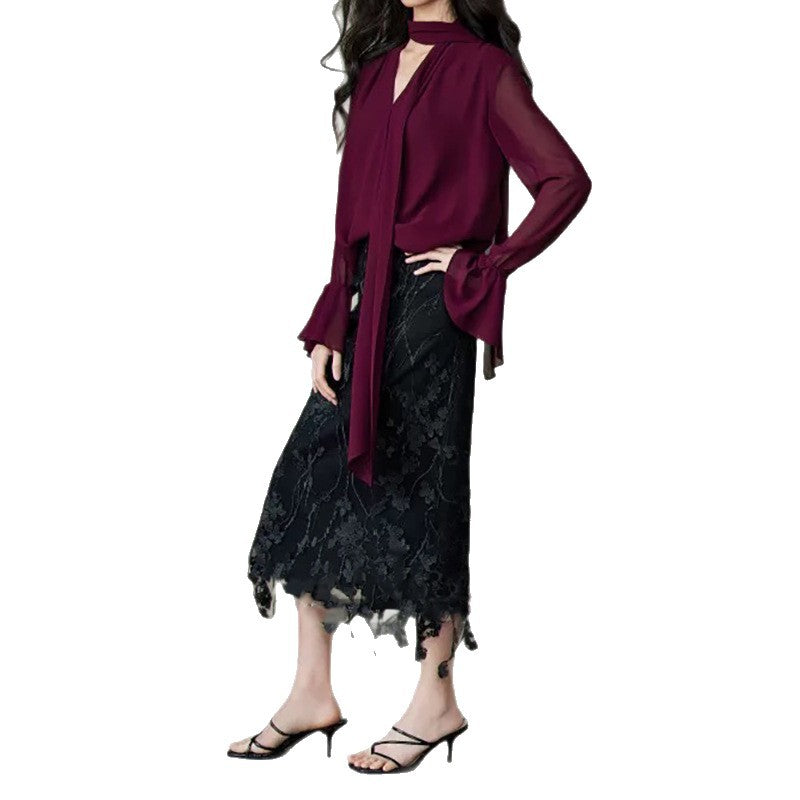 Blouse en chiffon fluide élégante pour femmes avec détail de nœud Chic und Stil