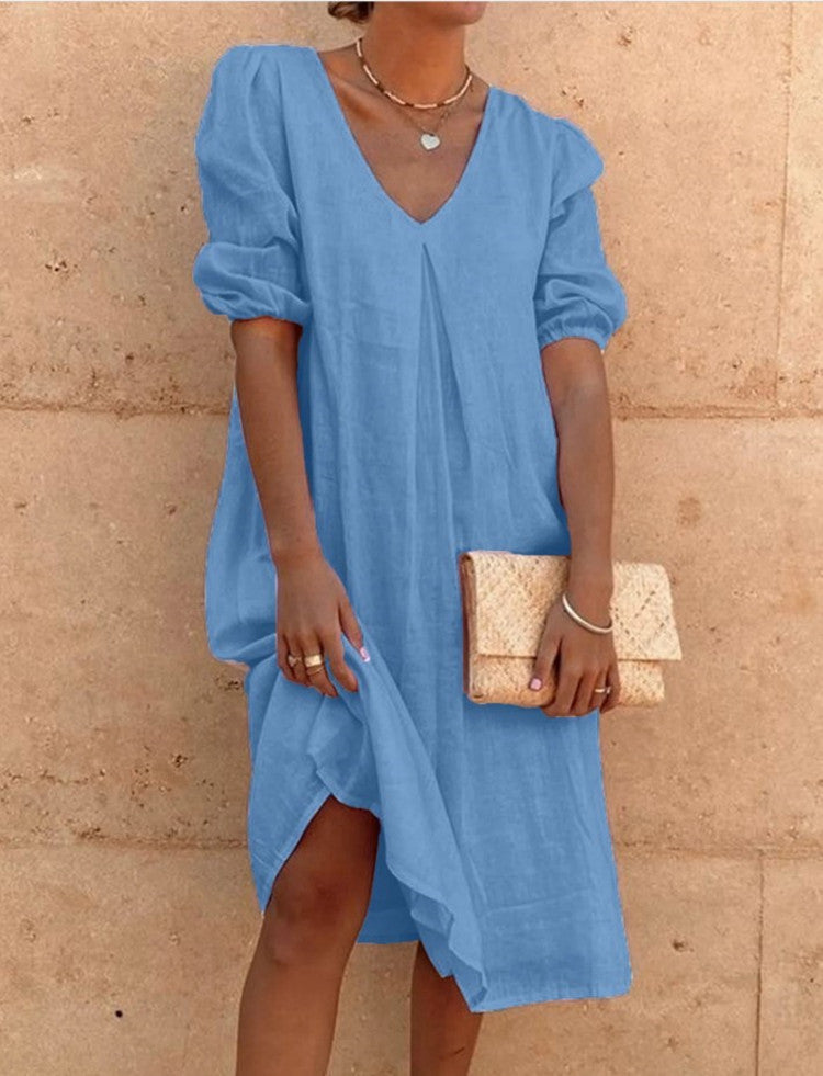 Robe midi à encolure en V à manches bouffantes pour femmes Chic und Stil