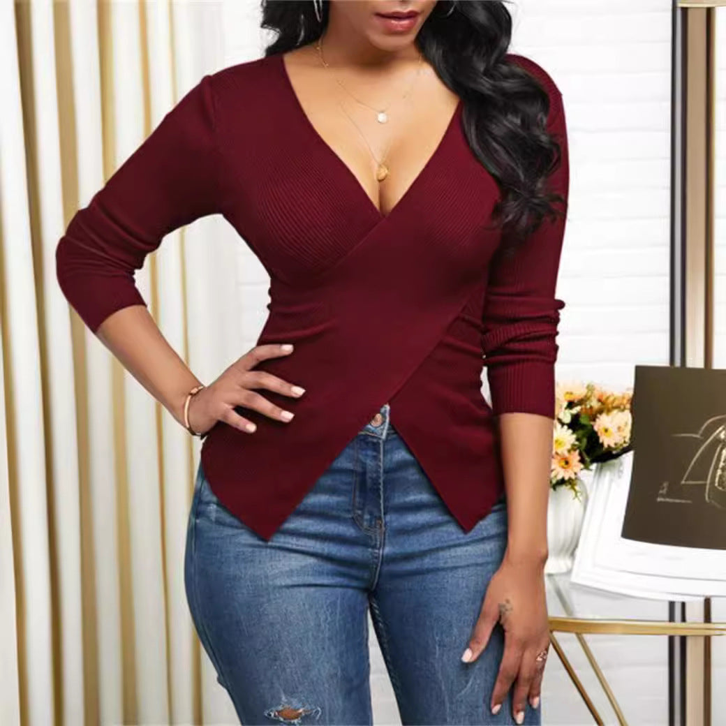 Haut à nouer pour femmes avec décolleté en V profond et design à fines côtes Chic und Stil