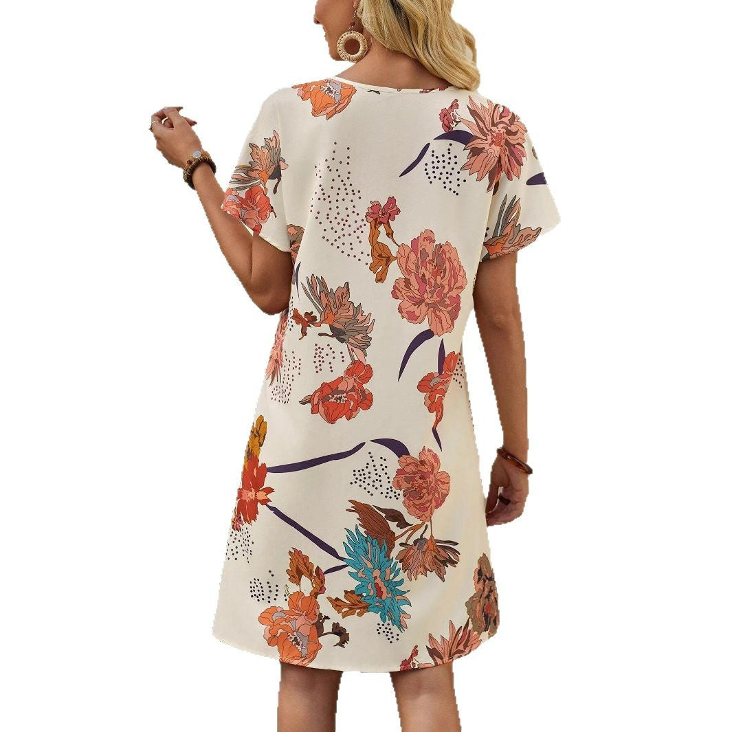 Robe midi pour femmes avec motif floral et décolleté en V moderne Chic und Stil
