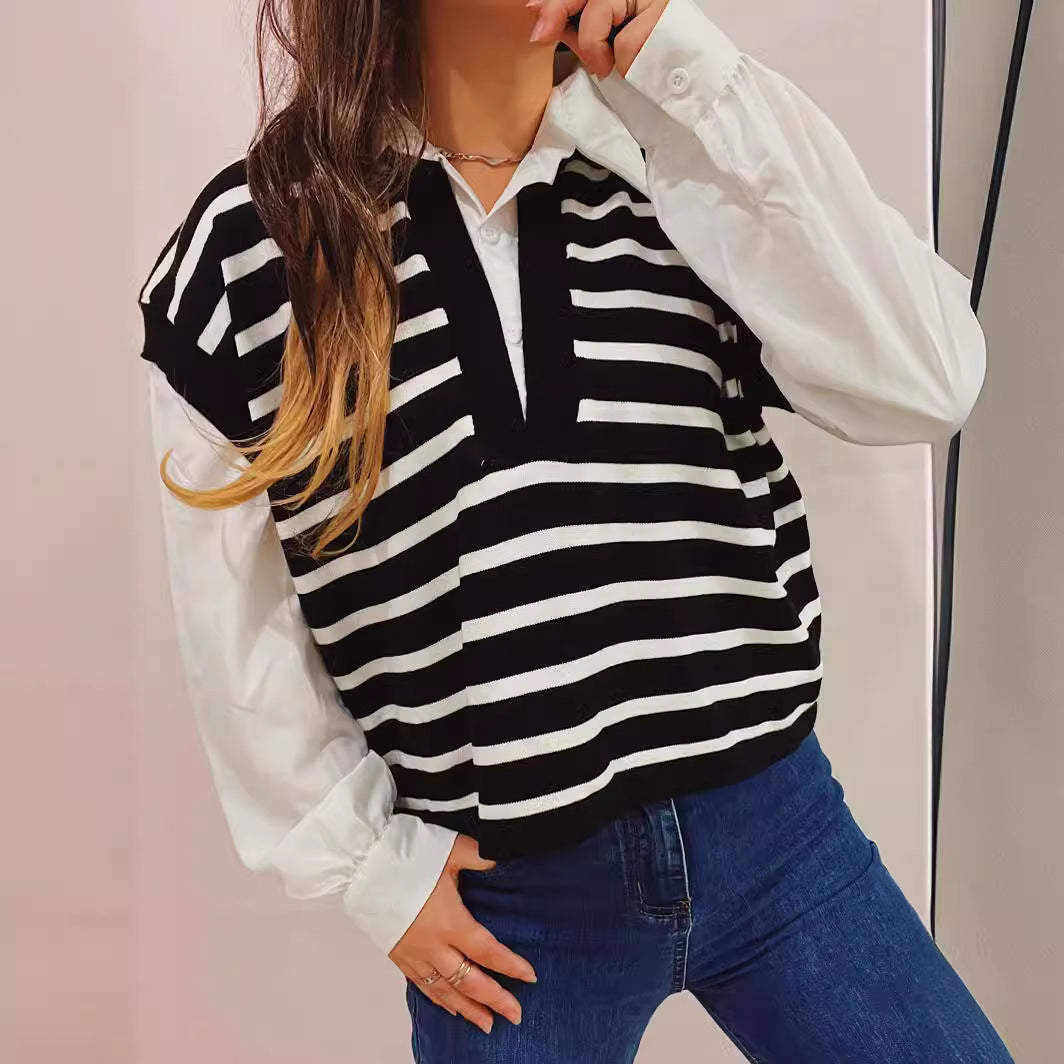 Pull polo décontracté pour femmes avec design rayé et manches bouffantes légères Chic und Stil