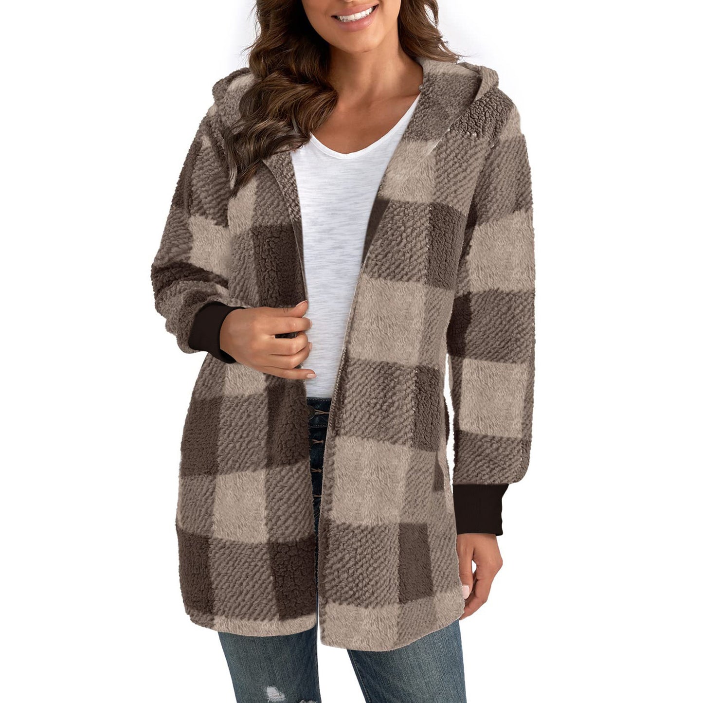 Ladies Cozy Fleece Jacket with Checkered Pattern and Hooded Design Chic and Style