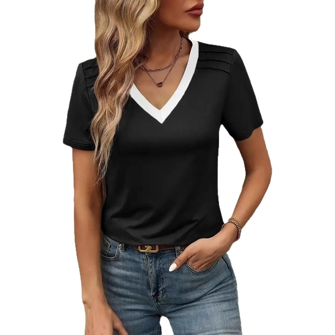 T-shirt pour femmes à col en V avec un design structuré moderne Chic und Stil