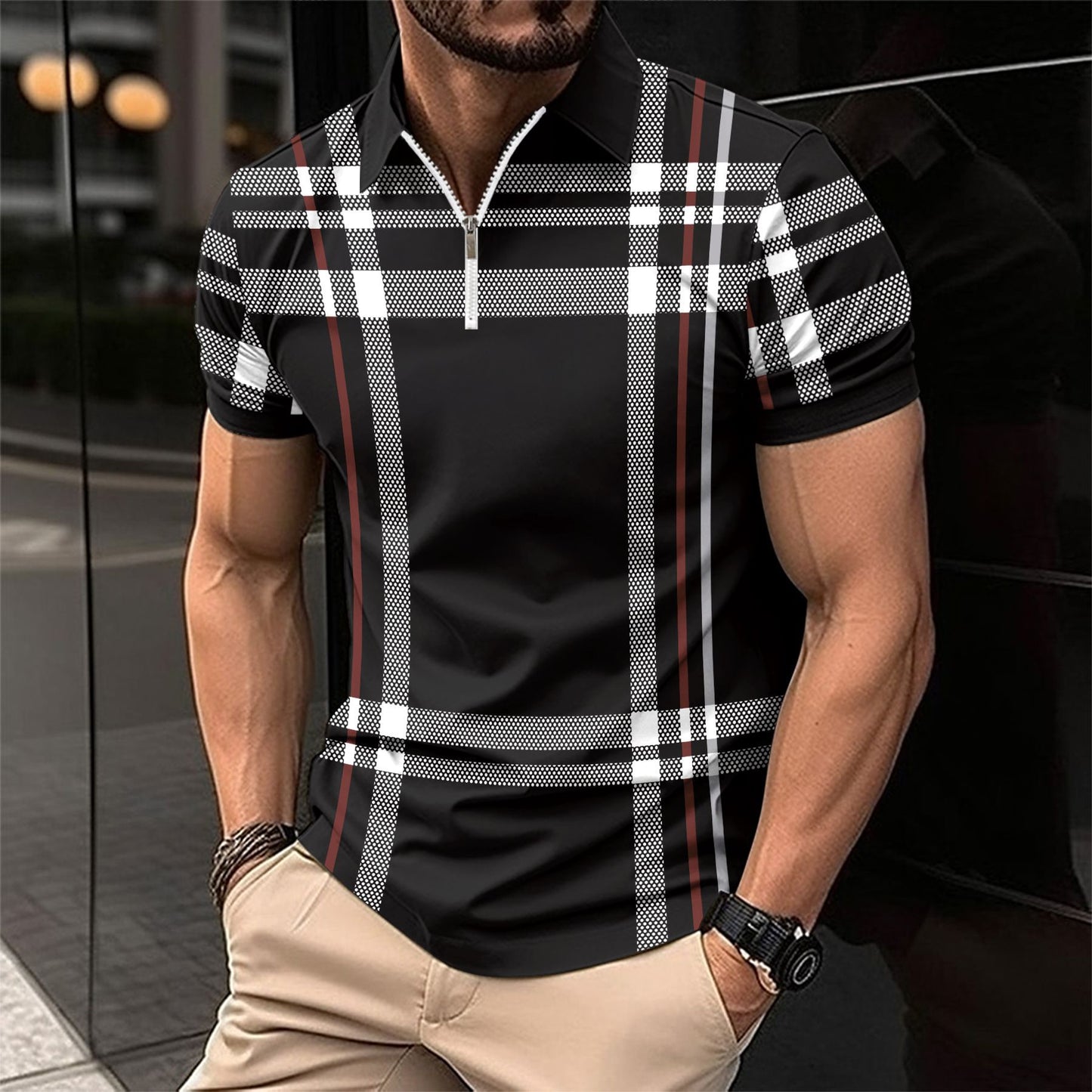 Hommes Polo à carreaux élégant avec ZIP devant Chic und Stil