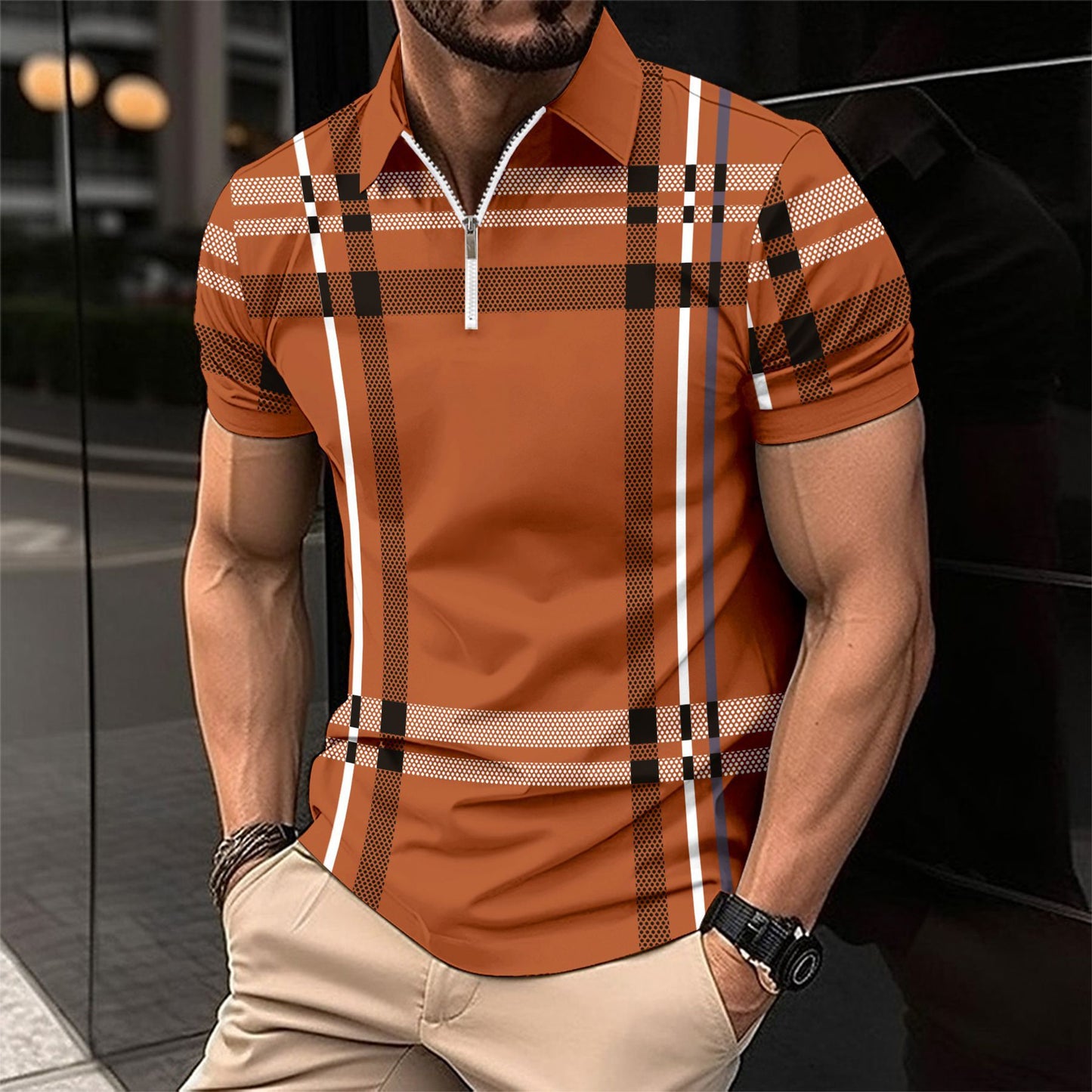 Hommes Polo à carreaux élégant avec ZIP devant Chic und Stil