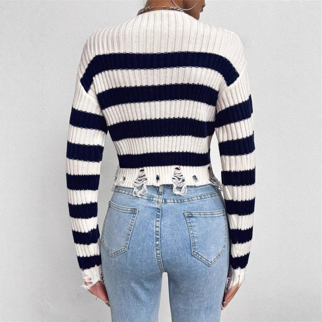 Dames Cropped Pull avec des rayures stylées et des détails usés Chic und Stil