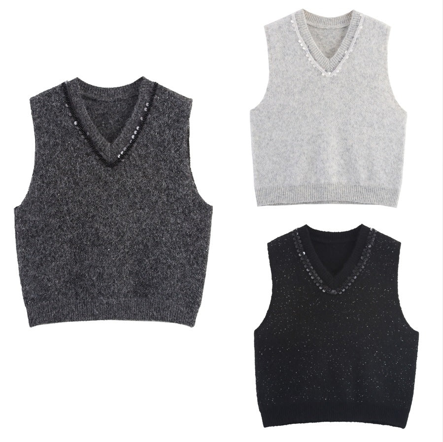Dames élégant pull en tricot sans manches avec des appliqués scintillants Chic und Stil