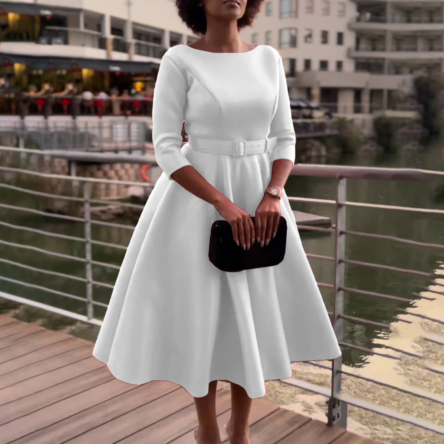 Robe élégante A-ligne pour femmes avec ceinture et manches ¾ Chic und Stil