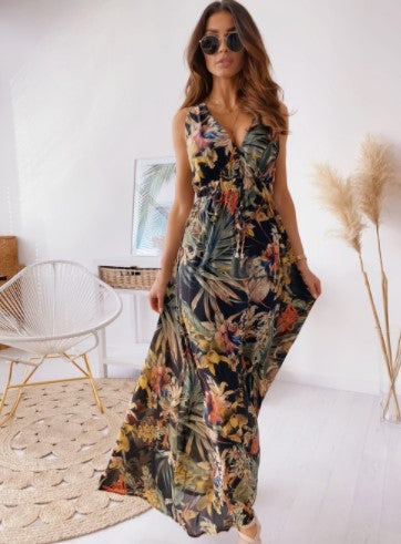 Robe maxi bohème pour femmes avec décolleté en V profond et ceinture à nouer Chic und Stil