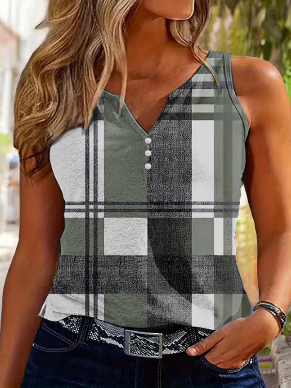 Top sans manches pour femmes à col en V avec détail de bouton décoratif et motif à carreaux moderne Chic und Stil