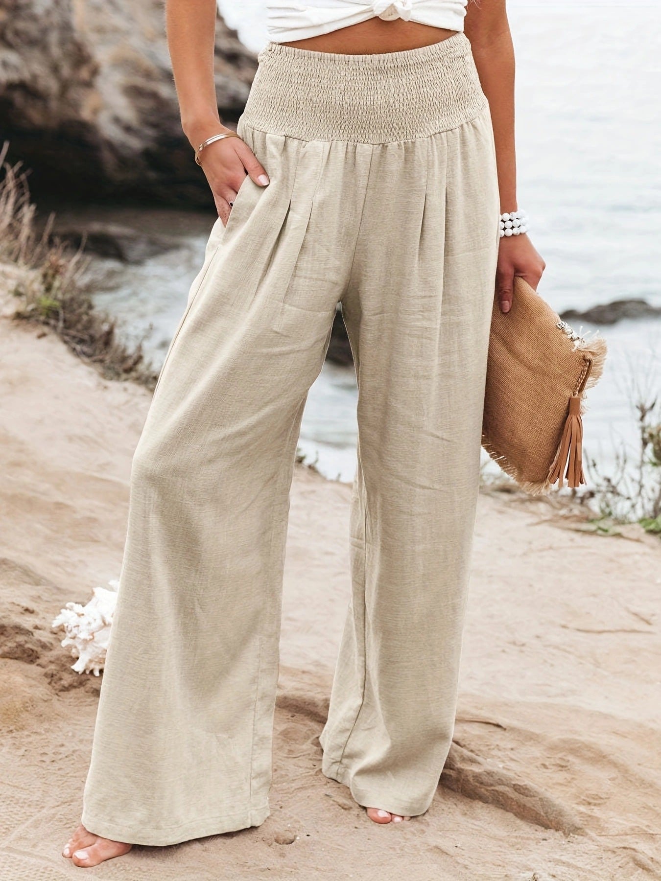 Pantalon d'été ample pour femmes avec taille élastique et élégant drapé Chic und Stil