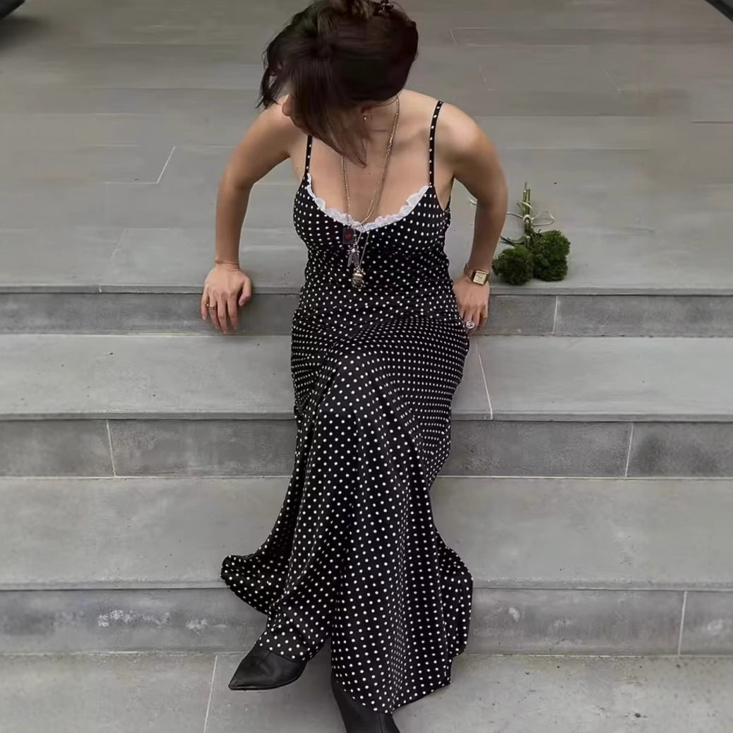 Robe maxi pour femmes avec des pois et un élégant ornement en dentelle Chic und Stil