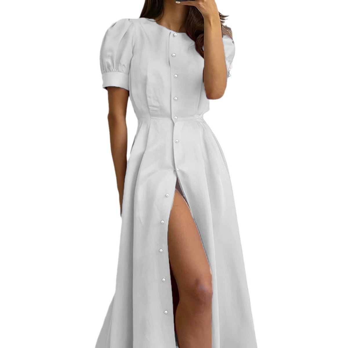 Robe maxi femme avec boutonnage, manches bouffantes et fente latérale Chic und Stil