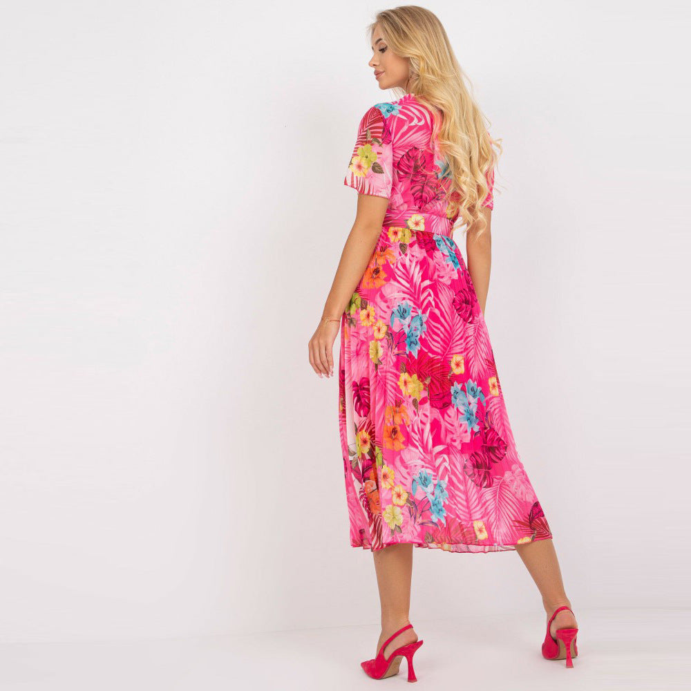 Robe midi portefeuille plissée pour femmes avec motif floral coloré Chic und Stil