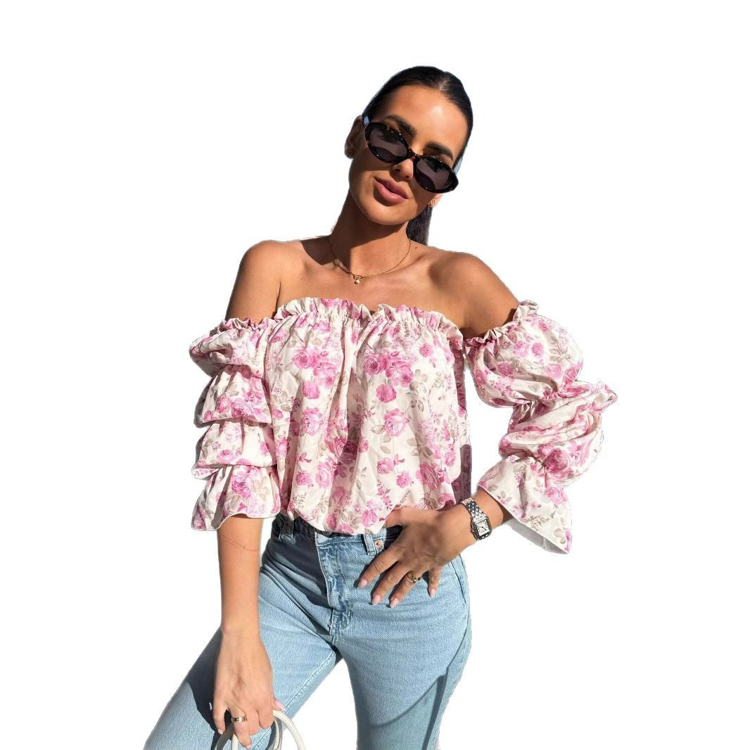 Blouse à fleurs off-shoulder pour femmes avec manches ballon Chic und Stil
