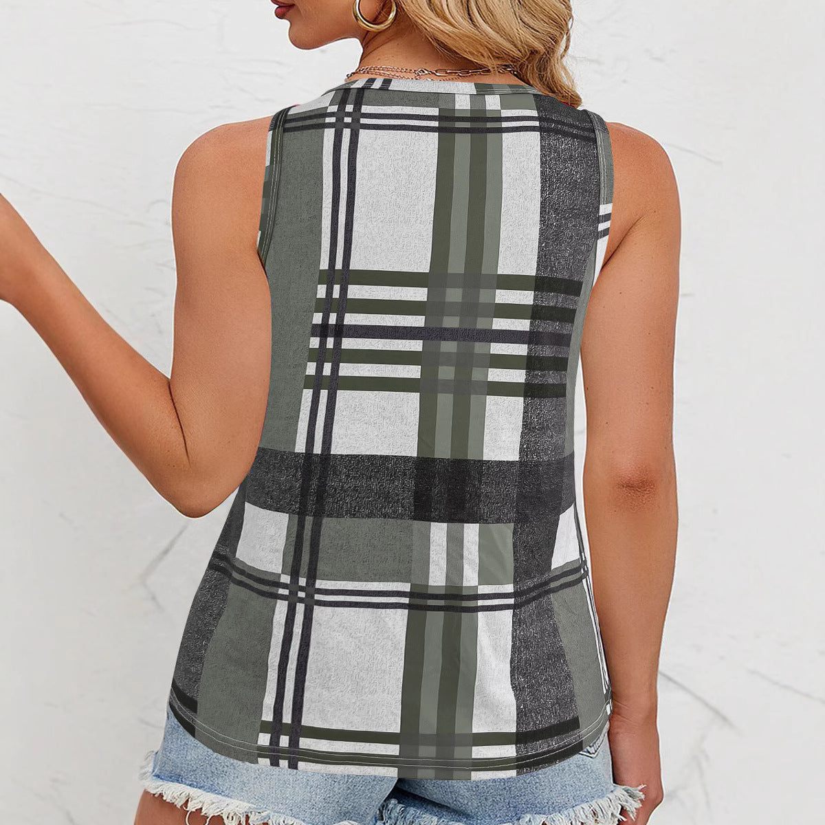 Top sans manches pour femmes à col en V avec détail de bouton décoratif et motif à carreaux moderne Chic und Stil