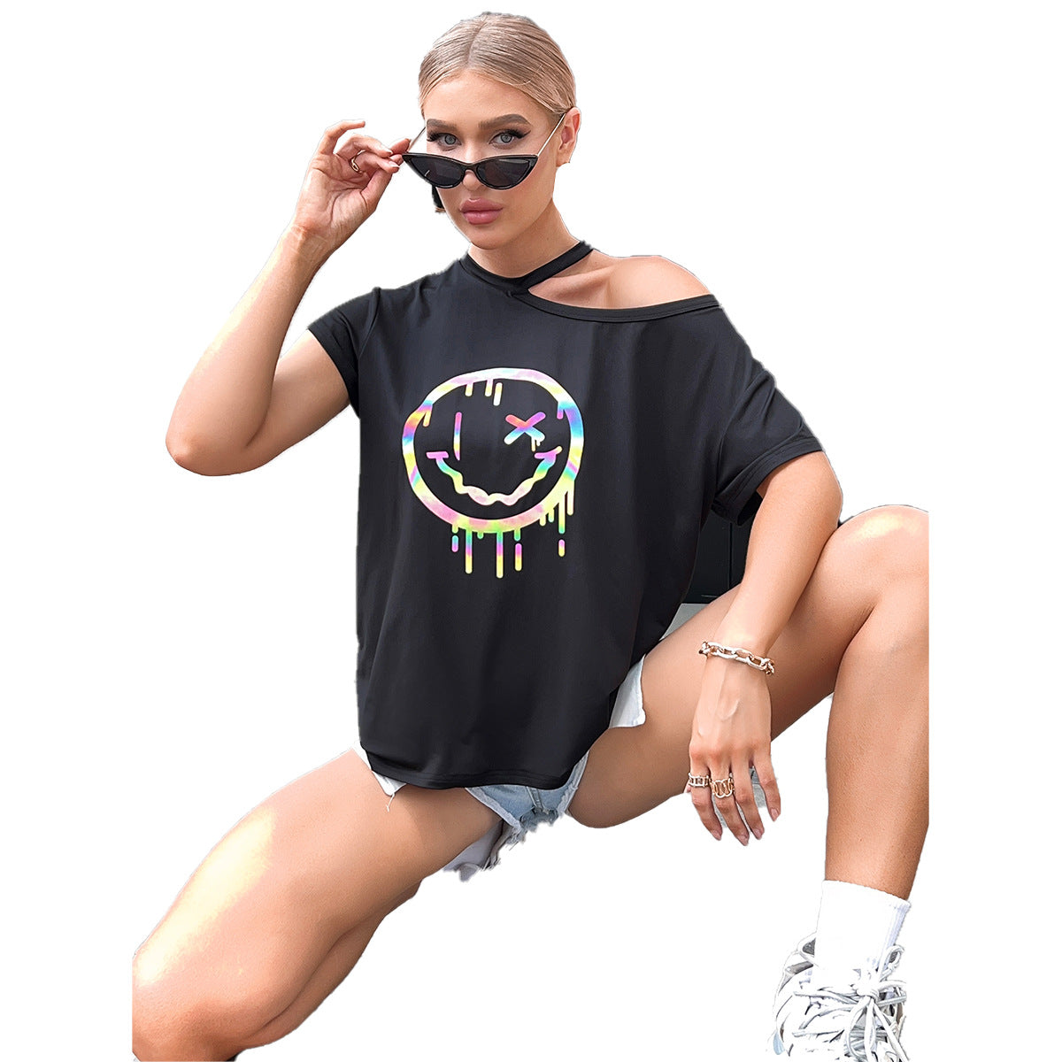 T-shirt décontracté surdimensionné pour femmes avec impression smiley coloré Chic und Stil