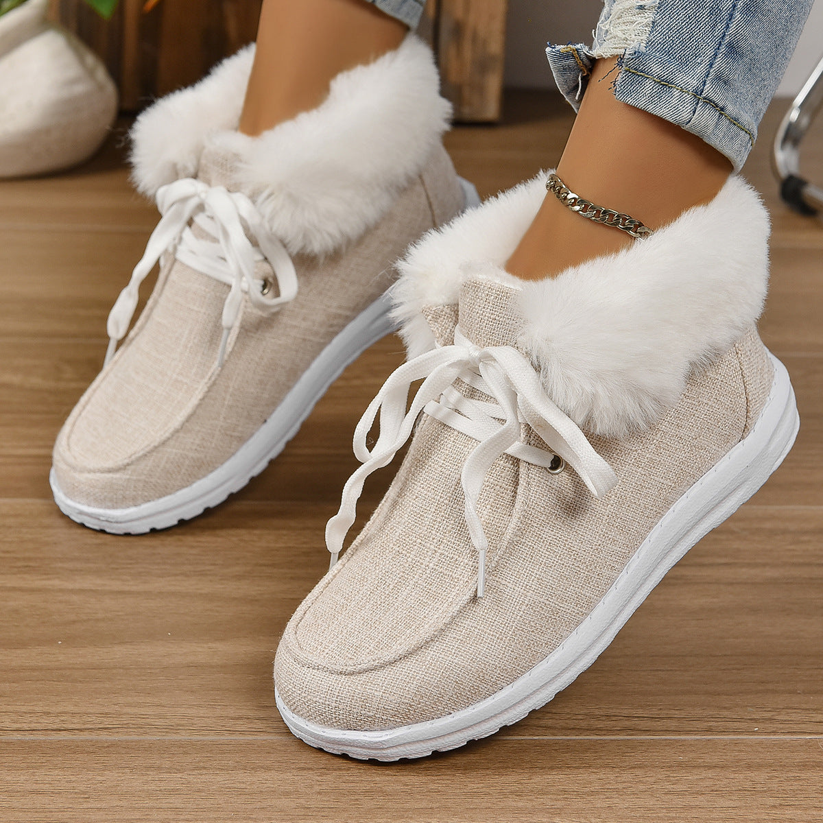 Women comfortable sneakers with fur collar and non-slip sole Chic and Style