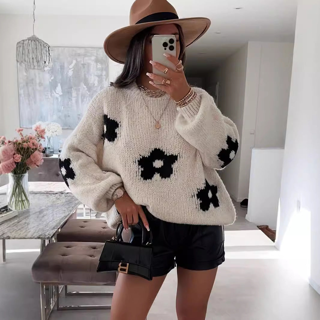 Pull oversized pour dames en tricot épais avec des motifs floraux folkloriques et une coupe décontractée Chic und Stil