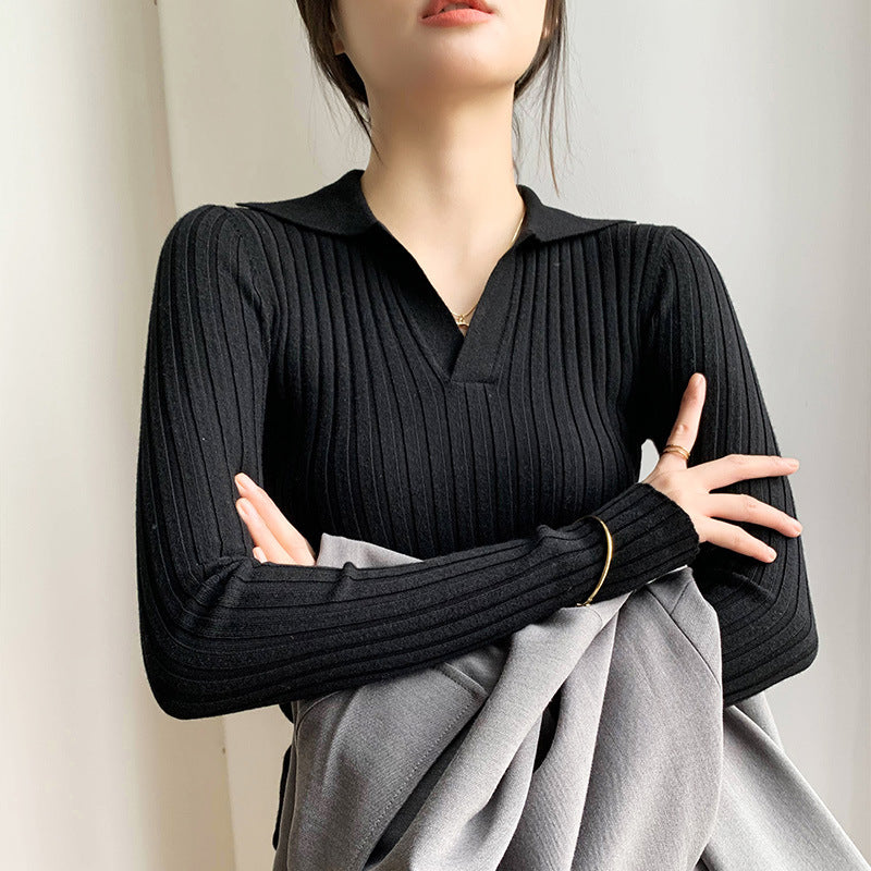 Pull en maille côtelée pour femmes avec col et décolleté en V Chic und Stil