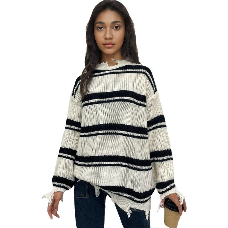 Pull décontracté à rayures pour femmes avec des détails effilochés Chic und Stil