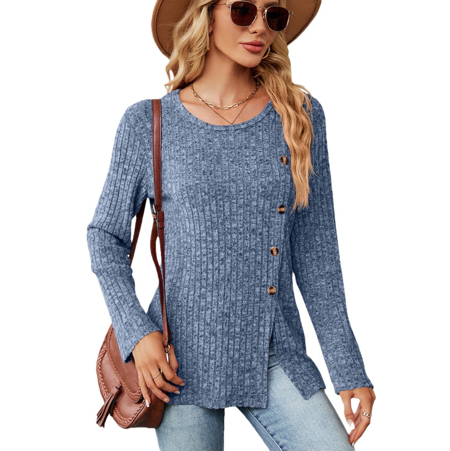 Blouse en tricot décontractée pour femmes avec un design à nouer et une fente latérale Chic und Stil