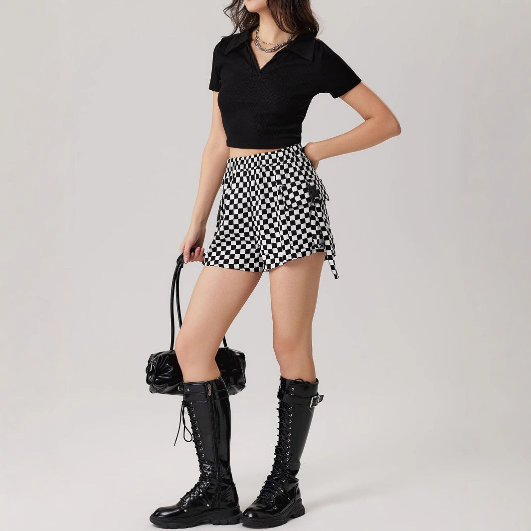 Shorts d'été à carreaux pour femmes avec poches latérales et taille élastique Chic und Stil