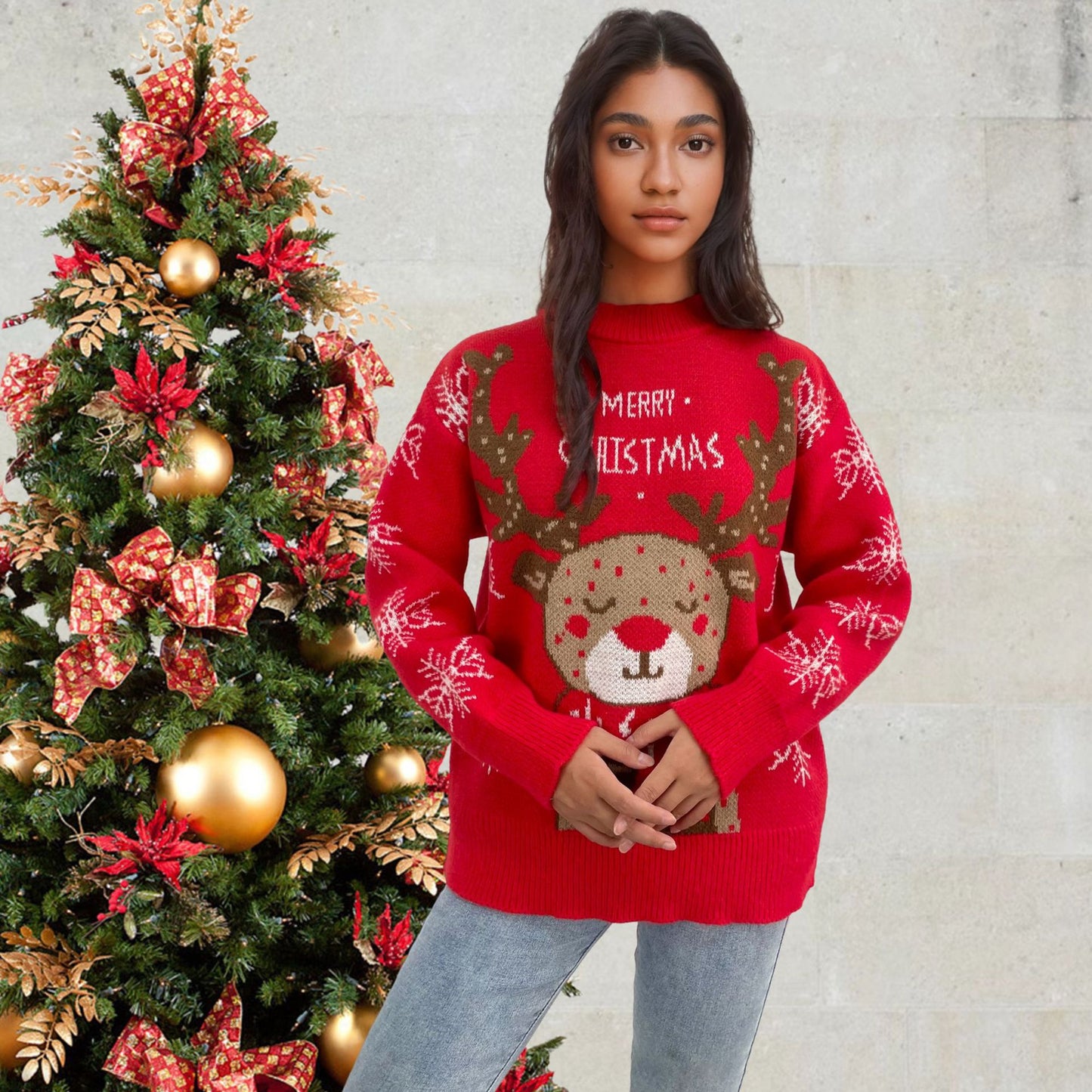 Pull de Noël pour femmes avec un motif de renne mignon et des flocons de neige hivernaux Chic und Stil
