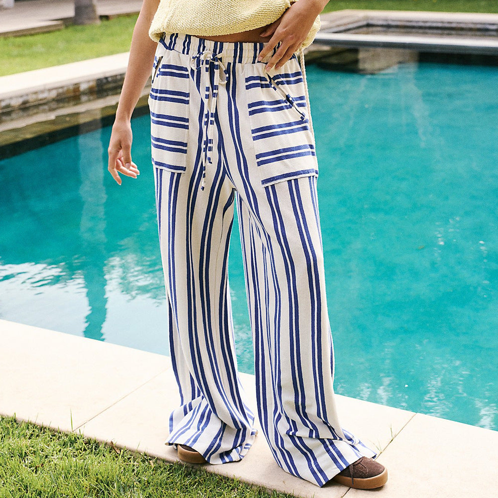 Chic und Stil Women's Loose Beach Pants with Maritime Striped Pattern