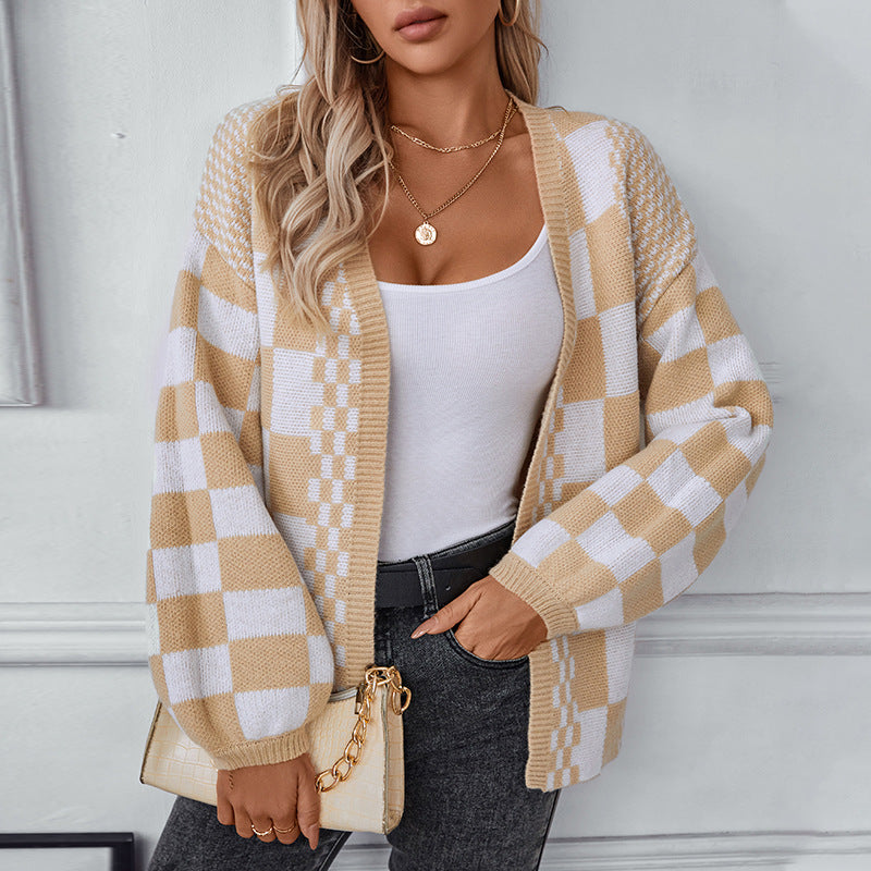 Cardigan décontracté pour femmes à motif à carreaux tendance Chic und Stil