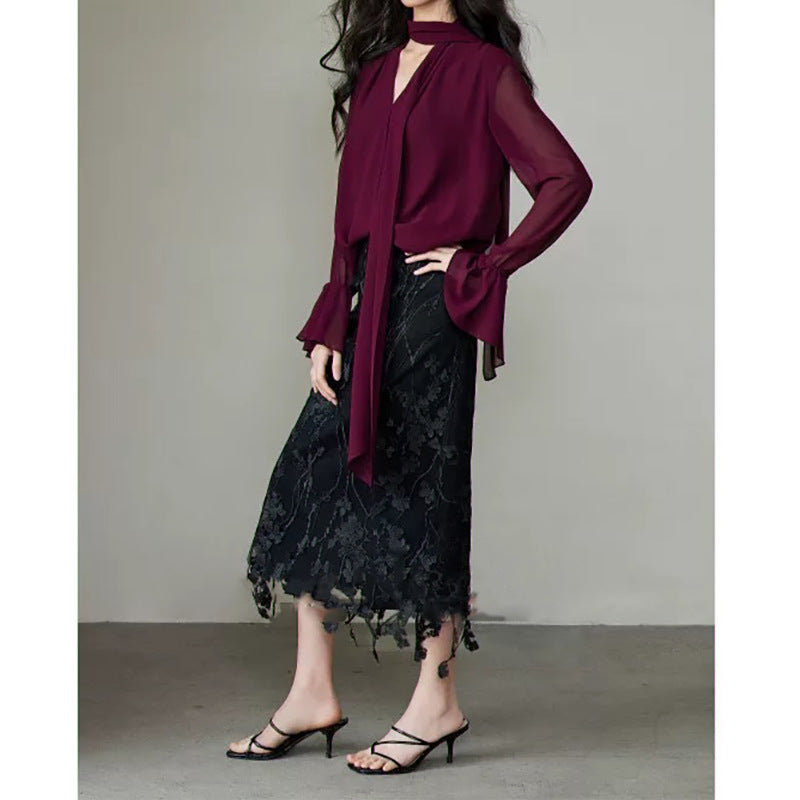 Blouse en chiffon fluide élégante pour femmes avec détail de nœud Chic und Stil