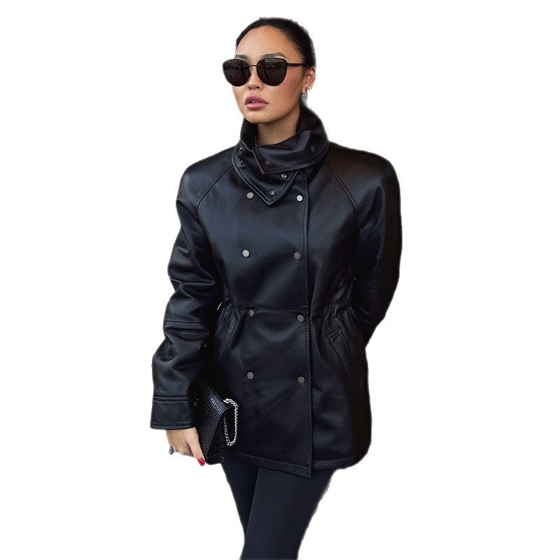 Faux leather jacket for women with high collar and practical pockets Chic and Style