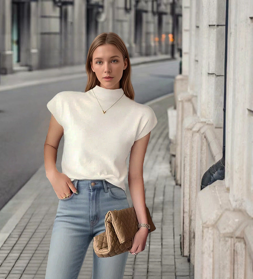 Dames élégant t-shirt à manches courtes avec col montant et coupe près du corps Chic und Stil