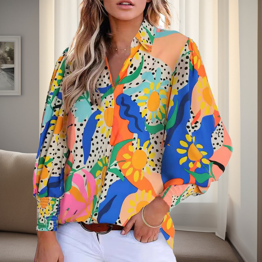 Blouse chemise pour femmes au design floral vif avec des épaules dénudées et des poignets élastiques Chic und Stil