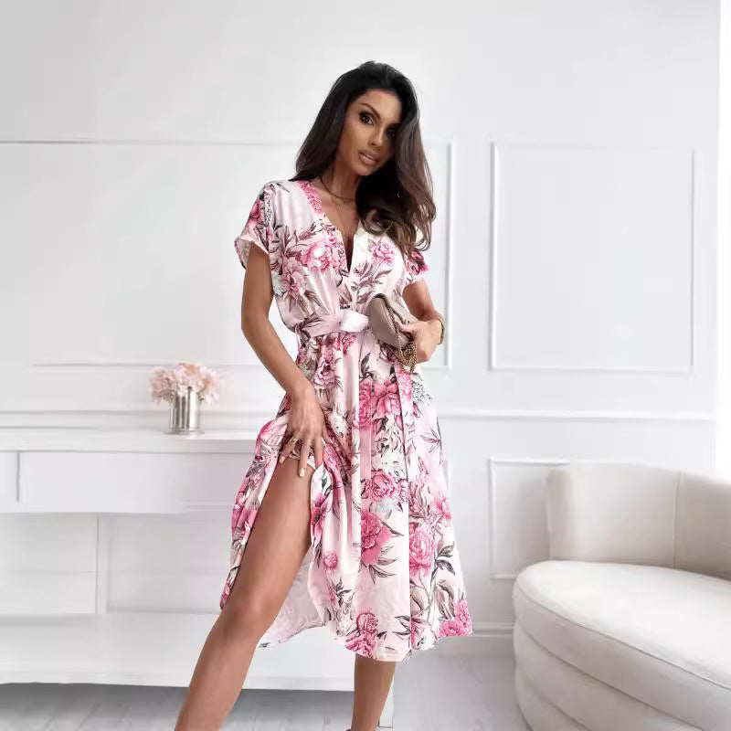 Robe midi à motif floral pour femmes avec ceinture à nouer Chic und Stil